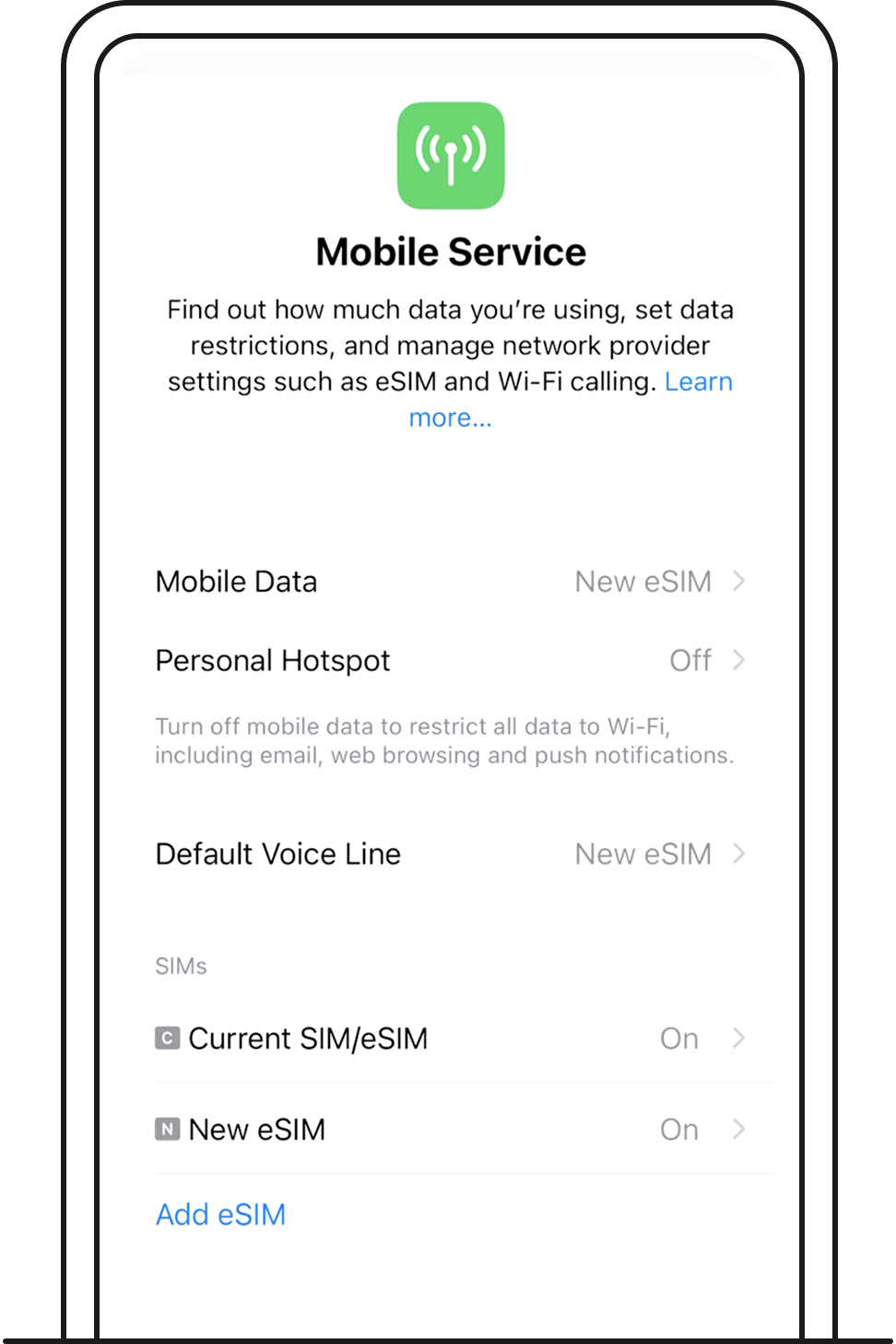 Make sure your new eSIM is toggled 