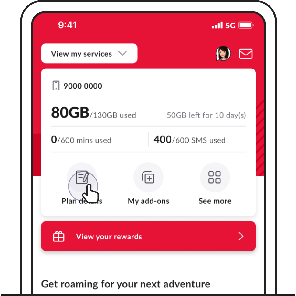 Tap on the 3 dots next to your mobile number to see your Singtel postpaid mobile plans