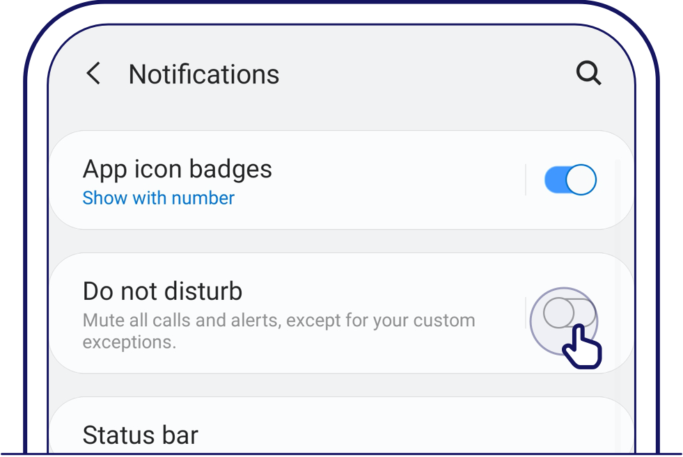 To ensure your Android device Do Not Disturb setting is disabled, go to your device settings. Tap on 'Notifications' and ensure 'Do Not Disturb' is disabled.