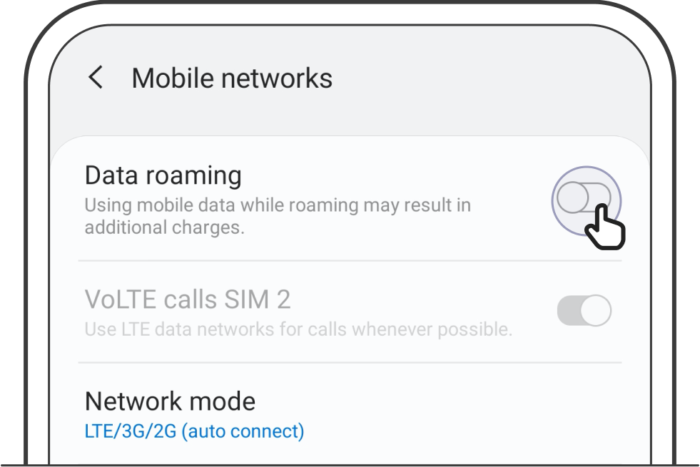 For Android phone users, click on device settings followed by 'Connections' then 'Mobile Networks' and then 'Data Roaming' to enable data roaming
