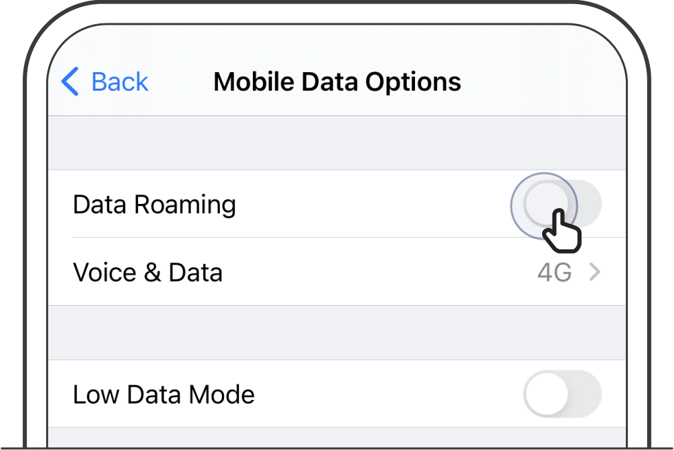 For Apple iOS phone users, click on device settings followed by 'Mobile Data' then 'Mobile Data Options' to enable data roaming