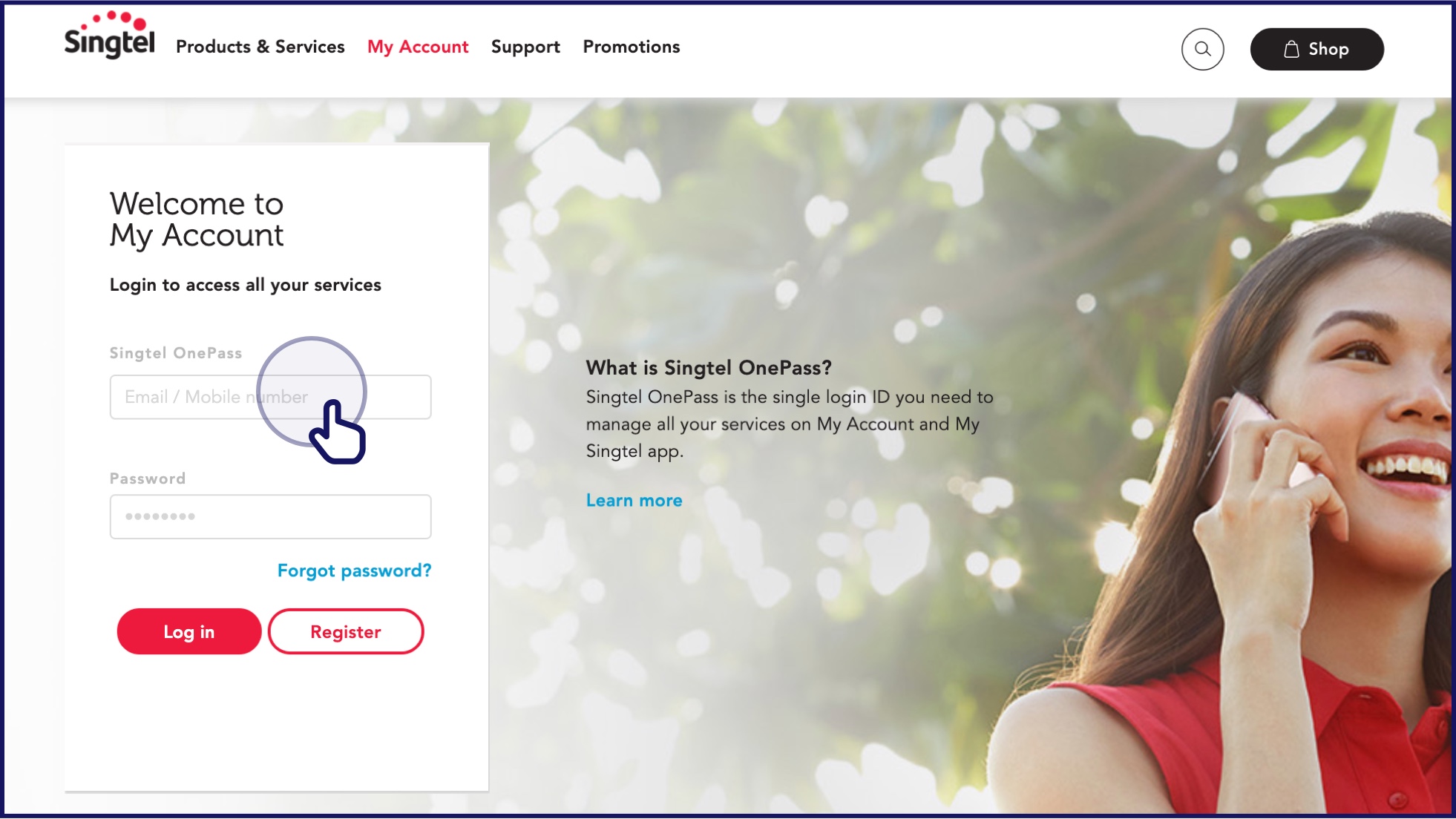 Login to My Account with Singtel OnePass on desktop