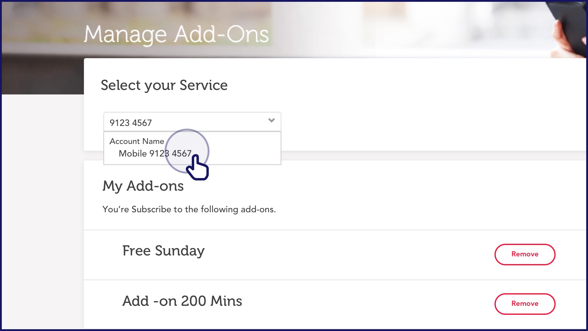 Select which mobile number you would like to remove the add-on from