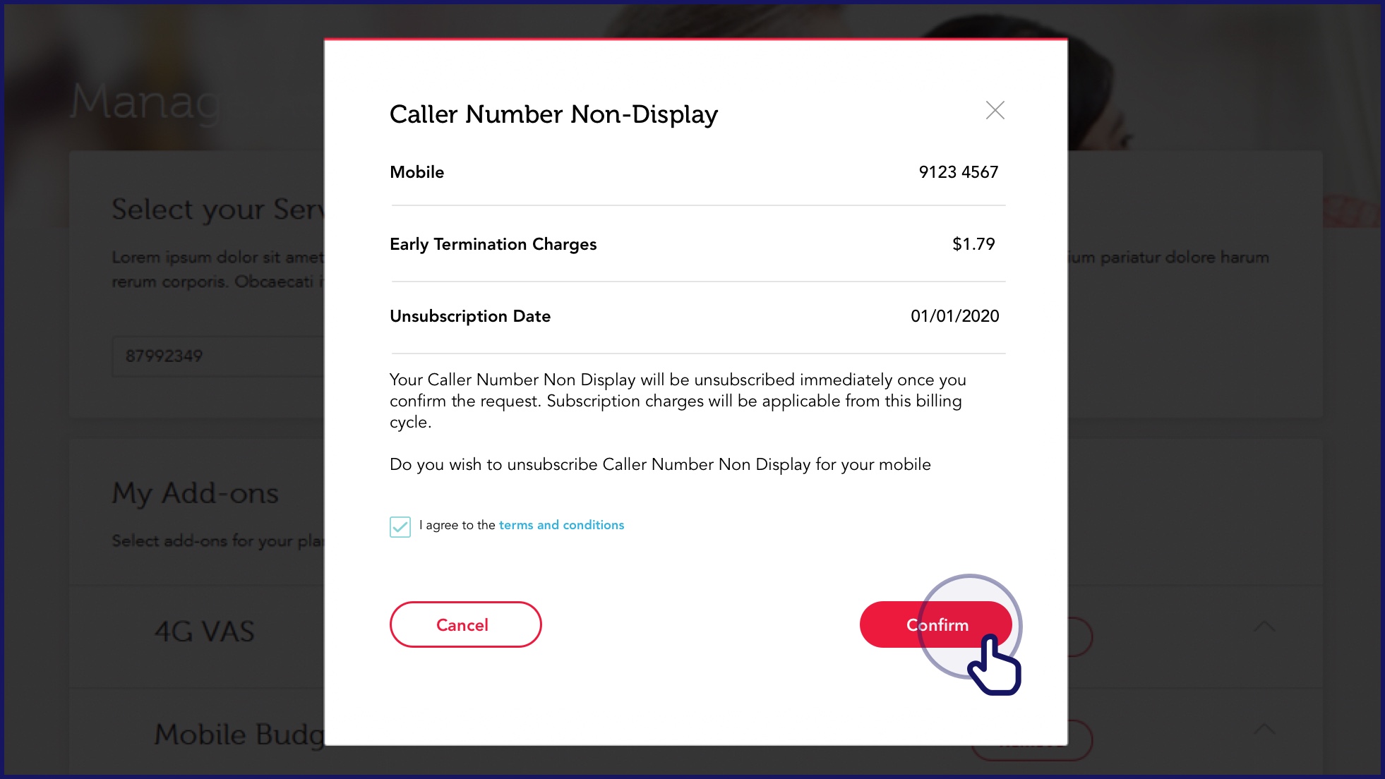 Click the 'Terms and Conditions' checkbox. Click 'Confirm' to unsubscribe